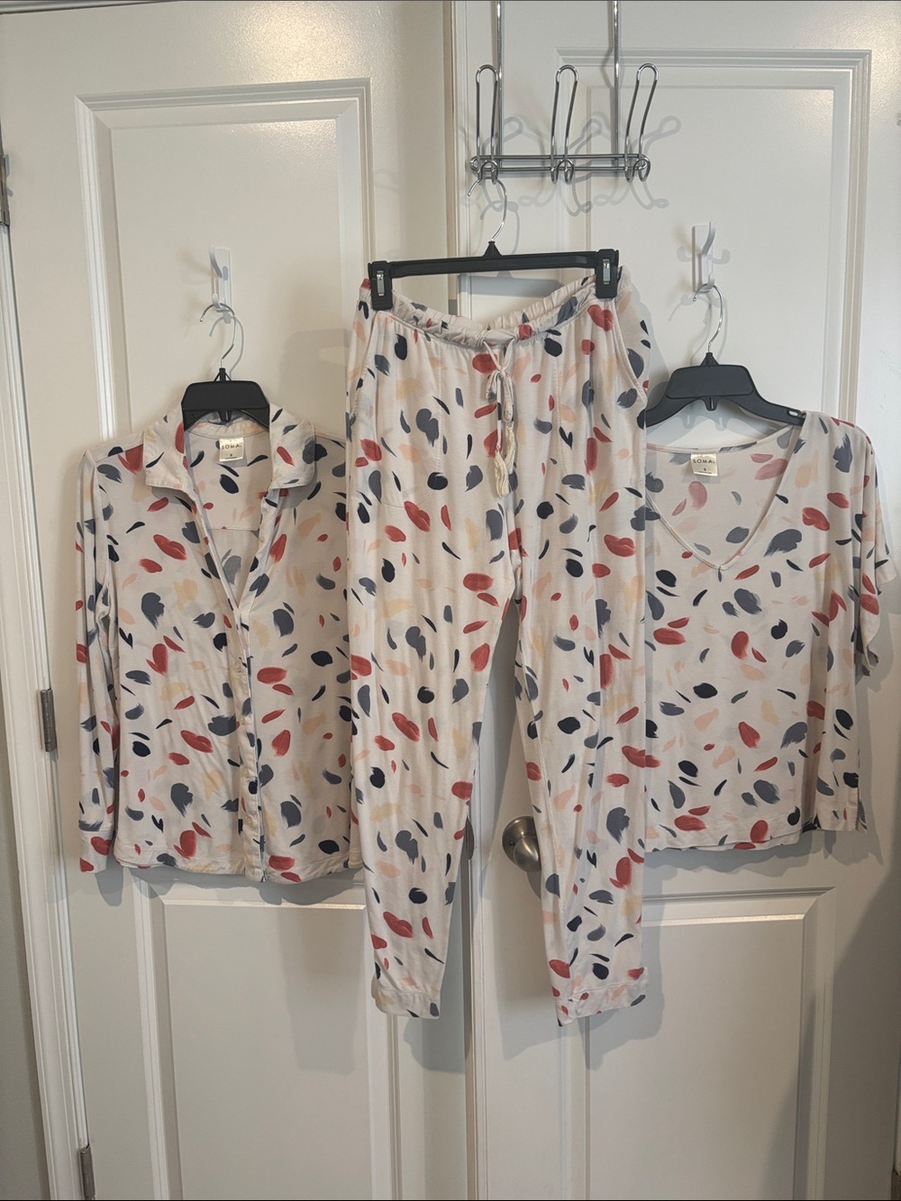 3-Piece Pajama Set - Cream with Red, Navy & Blush Leaf Print